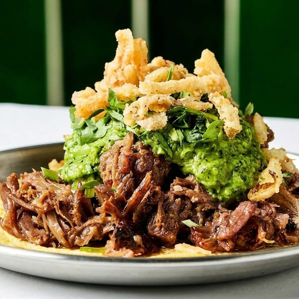 Shredded beef taco with green sauce and crispy fried onions on a metal plate.